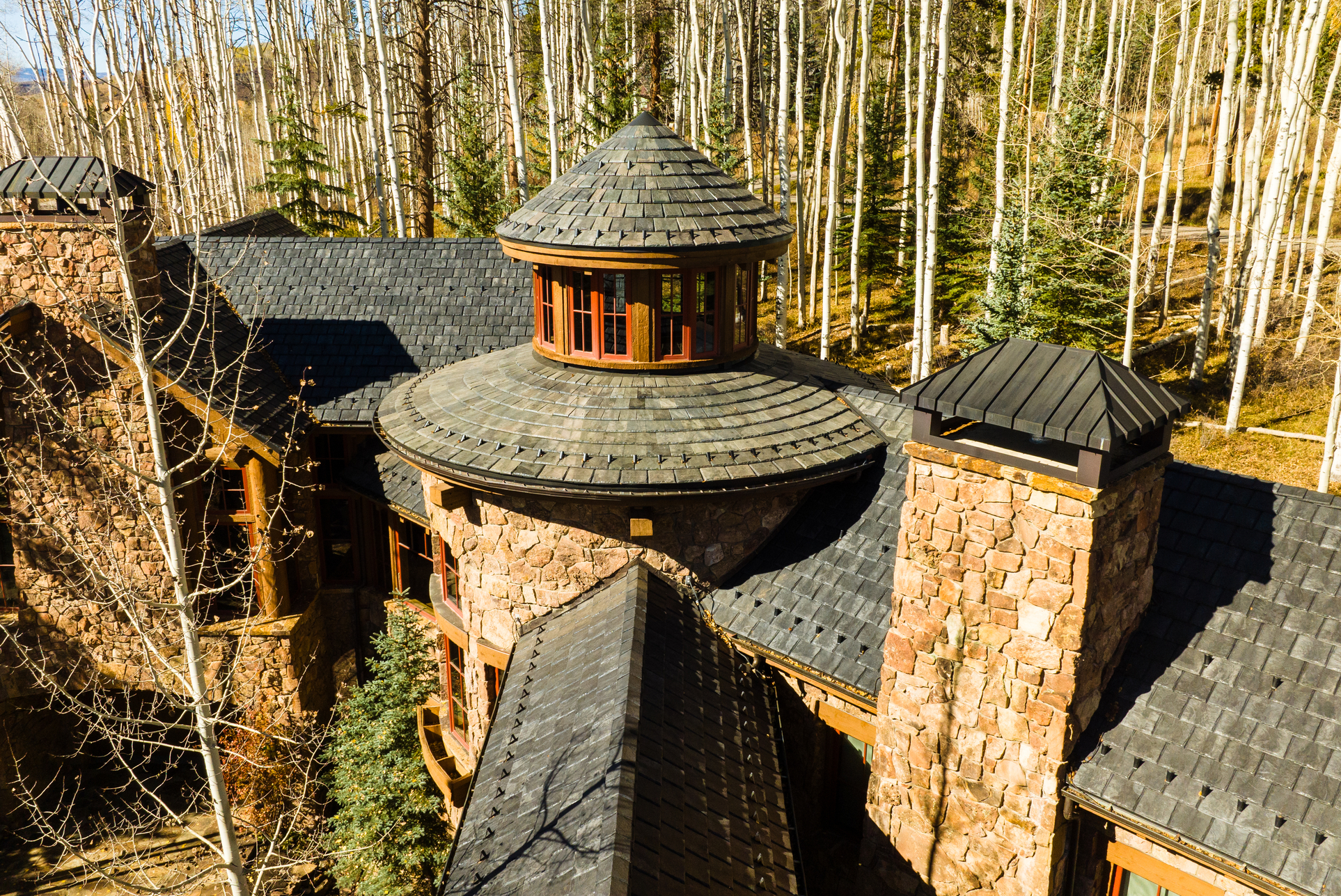 Brava cedar shake roof on a Northern Illinois home, drone perspective